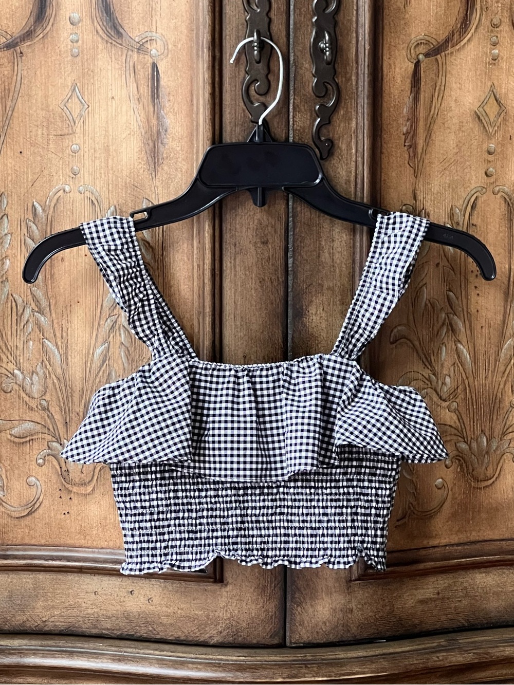 NWOT! Zara Girls Black White Gingham Smocked Crop Top Ruffle Straps Size 10